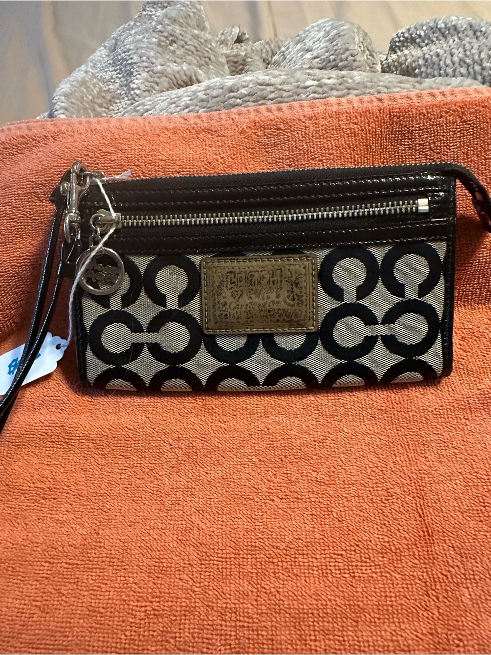 Coach Black and Cream Signature 'C' Wristlet with Leather Trim